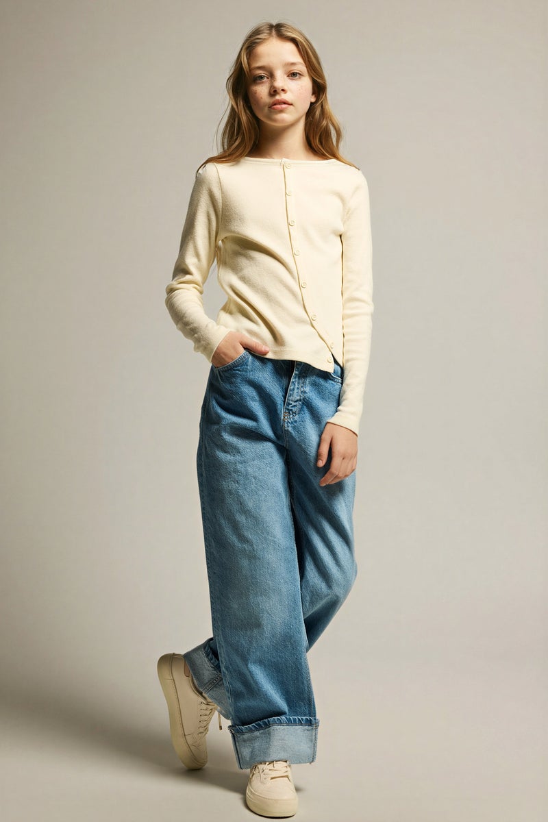 DeFacto Beige Girl Girl Crew Neck Buttoned Long Sleeve T-Shirt Casual - Image 2